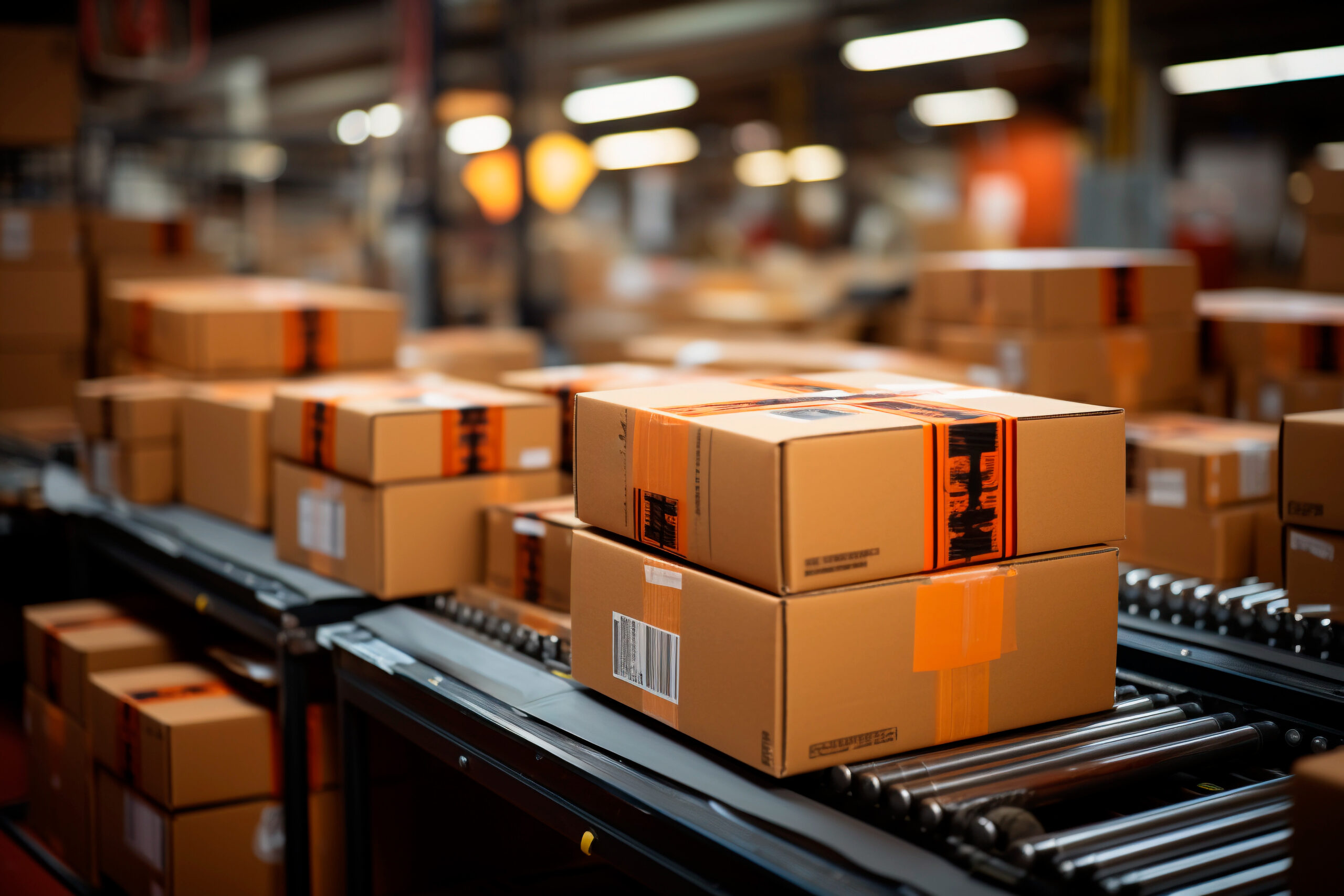 Parcels and boxes on the distribution production line in the logistics center delivery service. Distribution warehouse. E-commerce, storage, delivery and packaging service concept