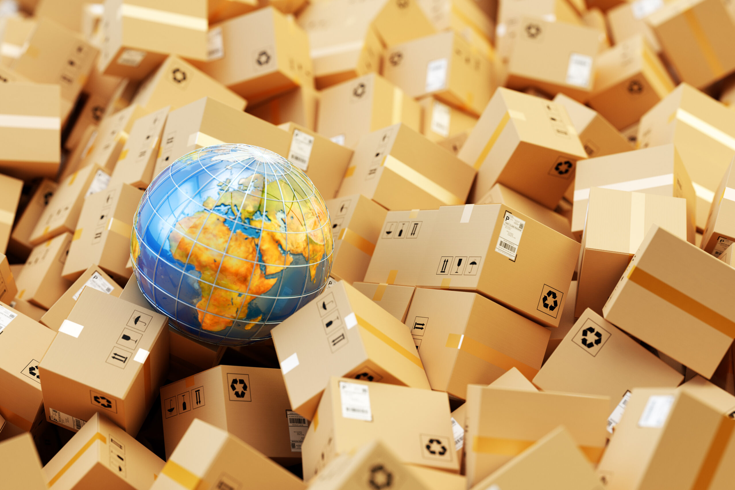 Distribution warehouse, international package shipping, global f